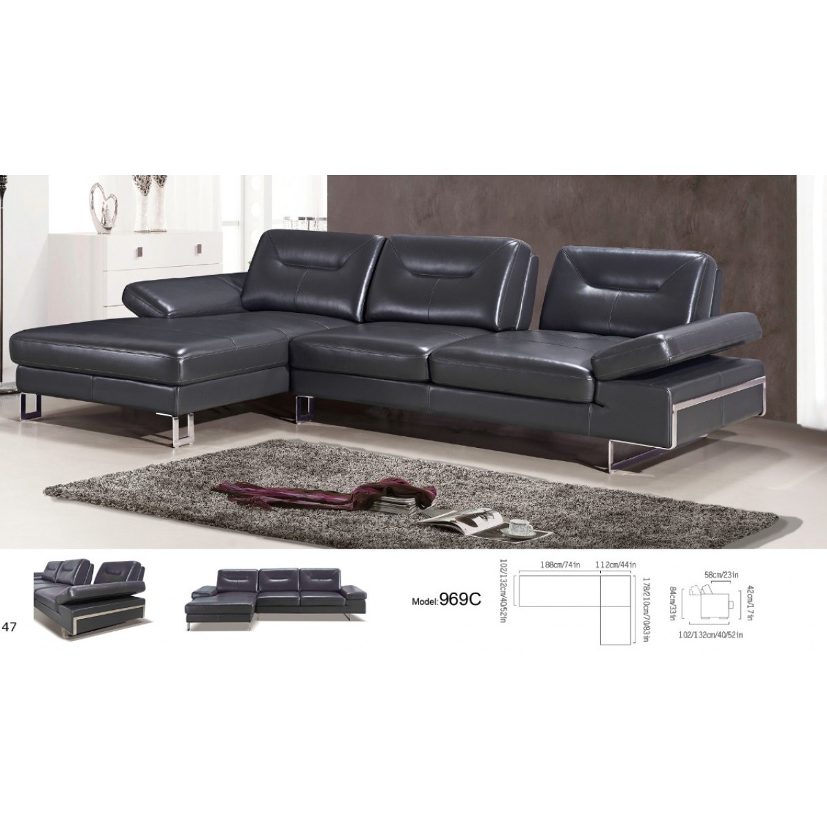 Modern Black Italian Leather Sectional, Black Italian Leather Sofa