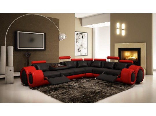 4087-Red and Black  Leather Sectional Sofa with Recliners 