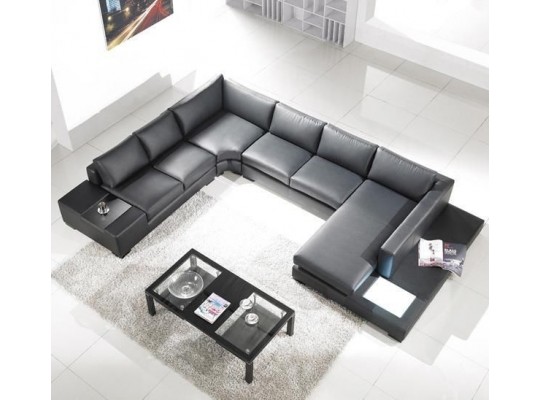 T35 Black  Leather Sectional with Headrests and Light
