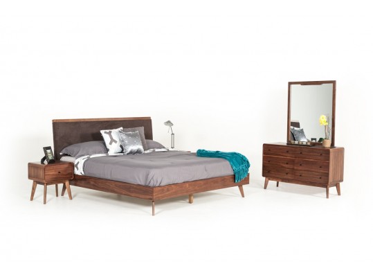 Modern Style Retro Mid-Century Modern Brown Fabric & Walnut Bed