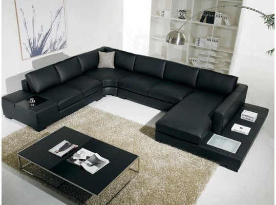 Black Modern Sectional Living Room in Italian Bonded Leather Sectional Contemporary Sofa 