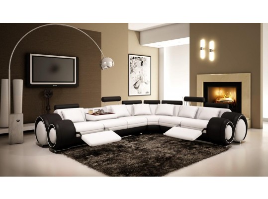 4087 - Black and White Bonded Leather Sectional Sofa with Recliners