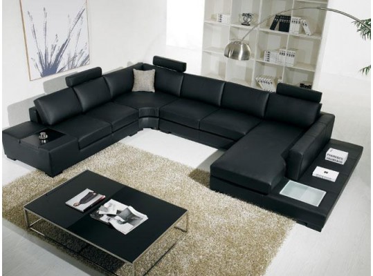 T35 Black Bonded Leather Sectional Sofa with Headrests and Light