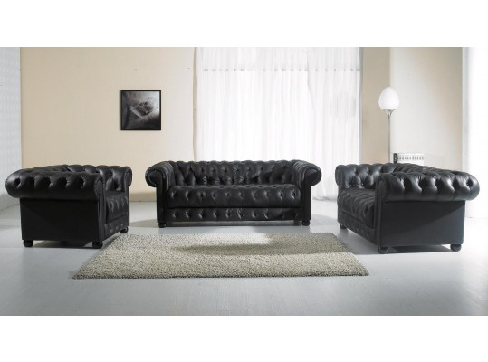 Paris-2 Black Tufted Leather Sofa Set