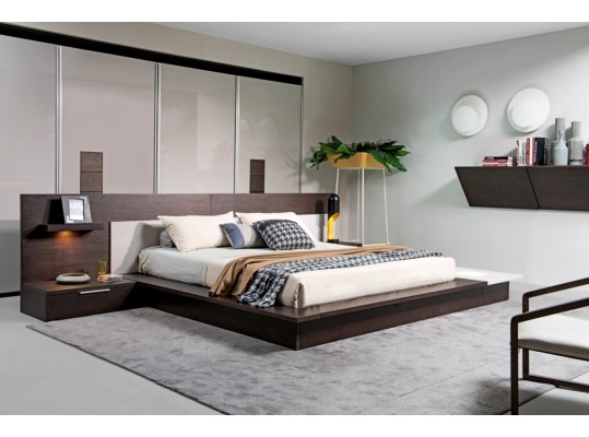 Modrest Torino Contemporary Brown Oak & Grey Platform Bed w/ Lights
