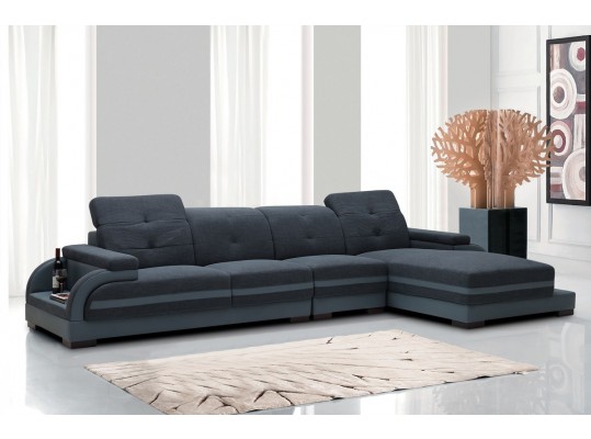 Modern Sectional Divani Casa 5132 Upholstered in Navy Blue Fabric with Grey Leather triming